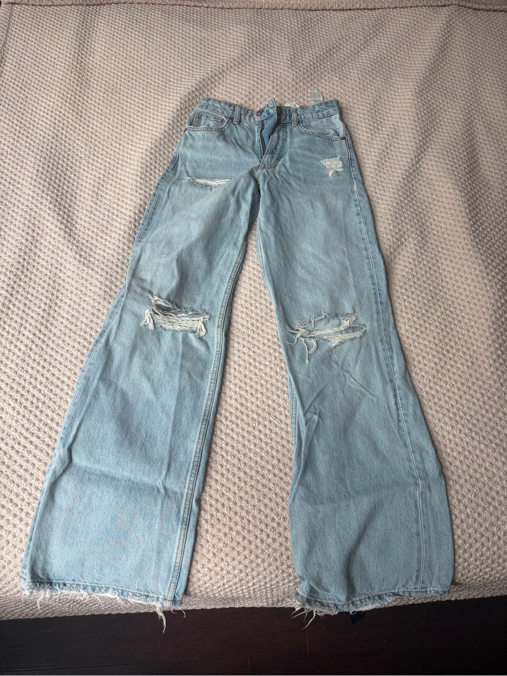 Zara Lightwash Distressed Wide-Leg Jeans